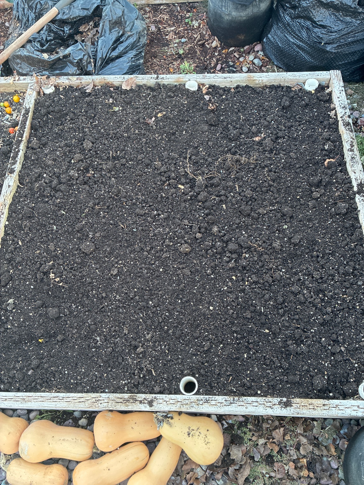 The same raised garden bed with the leaf layer covered back up with dark soil